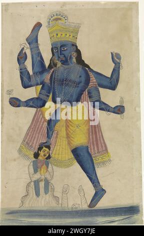 Vamana (trivikrama) Avatar, anonym, ca. 1800 - ca. 1900 indische Miniatur. Die Zeichnung von Vamana (Zwerg) ist die fünfte Inkarnation (Avatara, wörtlich: „Abstieg“) von Vishnu. In einem Kampf zwischen den Göttern und den Dämonen haben die Götter verloren. Vishnu erscheint dann in Form eines Zwergs und bittet den König der Dämonen Bali um ein kleines Stück Land, das er in drei Schritten betreten kann. Bali stimmt zu. Vishnu verwandelt sich in eine Riesenfigur und tritt über die Erde, die Unterwelt und über den Himmel. Nach einer anderen Tradition mit einem Schritt erobert er Himmel und Erde, mit dem zweiten Schritt das Universum. Weil t Stockfoto