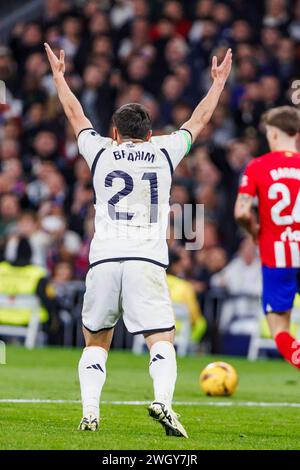 Madrid, Spanien. Februar 2024. Estadio Santiago Bernabéu Brahim Díaz von Real Madrid reagiert auf das LaLiga EA Sports Spiel zwischen Real Madrid und Atletico de Madrid im Stadion Santiago Bernabeu am 4. Januar 2024 in Bilbao. (Foto: Maria de Gracia Jiménez) (Maria de Gracia Jiménez/SPP) Foto: SPP Sport Press Photo. /Alamy Live News Stockfoto