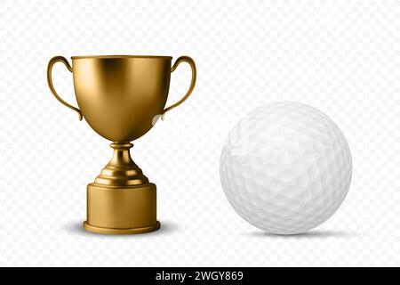 Vektor 3D realistische leere Golden Champion Cup Icon mit Golf Ball Set Nahaufnahme isoliert. Design-Vorlage für die Meisterschaft-Trophäe. Sports Awards, Sieg Stock Vektor