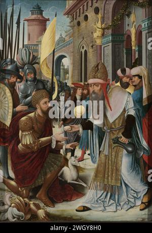 Begegnung von Abraham und Melchisedek (innerer, linker Flügel eines Triptychons), anonym, ca. 1510 - ca. 1520 Gemälde der linken Seitenwand eines Altaraufsatzes mit der Begegnung von Abraham und Melchisedek auf der Innenseite. Das Treffen findet vor dem Tor der Stadt statt, Mechisedek bringt Wein und Brot für Abraham. Abraham kniet links in Rüstung, hinter ihm eine Armee von Soldaten. Außen die weibliche Personifikationssynagoge: Stehende Frau mit verbundenen Augen mit den Legislativtischen in der rechten Hand und einem gebrochenen Banner in der linken Hand. Von der ehemaligen St. Agnesklooster (Gasthuis) in Goes. Anhänger von Stockfoto