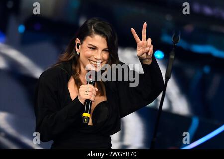 Sanremo, Italien. Februar 2024. Emma Marrone während der 74. Ausgabe des SANREMO Italian Song Festivals im Ariston Theatre in Sanremo, Norditalien - Dienstag, 6. FEBRUAR 2024. Unterhaltung. (Foto: Marco Alpozzi/LaPresse)&#xa0; Foto: LaPresse/Alamy Live News Stockfoto