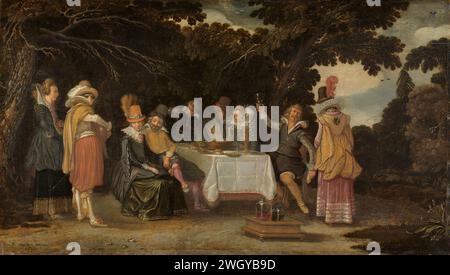 Eine Open-Air-Party, Esaiaas van de Velde, 1615, die die Outdoor-Party malte. Ein elegantes Unternehmen, das an einem Tisch unter Bäumen in einem Garten oder Park sitzt. Links spielt ein Mann auf der Laute, während eine Frau singt. Auf dem Tisch steht ein Kuchen mit Pfau, Tellern und Gläsern, ein Diener gießt Wein. Im Vordergrund steht ein Weinkühler mit ein paar Flaschen. Bereich. Ölfarbe (Farbe) Bankett der eleganten Firma - CC - draußen. Umwerben. Laute und spezielle Lautenformen, z. B. theorbo - CC - out of Doors. Instrumental- und Vokalmusik zusammen - CC - draußen Stockfoto