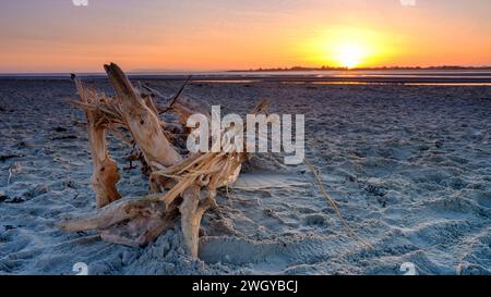 Selsey, Vereinigtes Königreich - 19. Februar 2023: Sonnenuntergang über West Wittering Beach, West Sussex, Vereinigtes Königreich Stockfoto