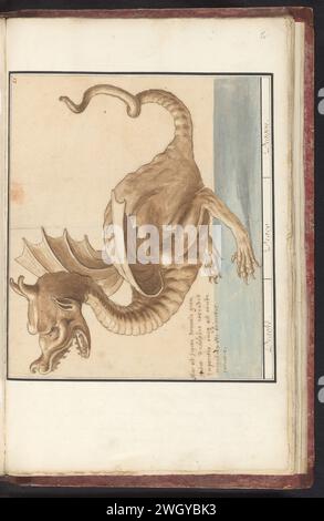 Draak, Anselmus Boëtius de Boodt, 1596–1610 Drache. Links eine Inschrift in lateinischer Sprache. Oben rechts nummeriert: 21. Teil des siebten Albums mit Zeichnungen von Reptilien, Amphibien und naturgeschichtlichen Ensembles. Das siebte von zwölf Alben mit Aquarellen von Tieren, Vögeln und Pflanzen, die um 1600 bekannt sind, wurde von Kaiser Rudolf II. In Auftrag gegeben Mit Erläuterungen in Niederländisch, Lateinisch und Französisch. Prager Zeitung. Bleistift. Kreide. Aquarell (Farbe). Pinsel / Stiftrache Stockfoto