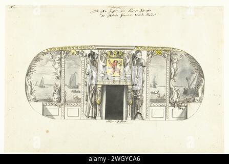 Inneneinrichtung von Statenjacht mit Meeresumrandungen, Pieter Jansz. Post, 1663 Zeichnungen für die Dekoration des Innenraums der Statenjacht der engagierten Räte von Holland: Zimmer, Kamin, mit Waffen, Trophäen und Meereslandschaften. Papier. Pinsel-/Stiftbeschichtung (als Symbol für den Zustand usw.) (+ Provinz; Provinz). 'Tropaion', d. h. dekorative Ornamente  Waffen. Meer (Meereslandschaft). Segelschiff, Segelboot. Teile des Schiffsinneren. Wandverkleidung Holland Stockfoto