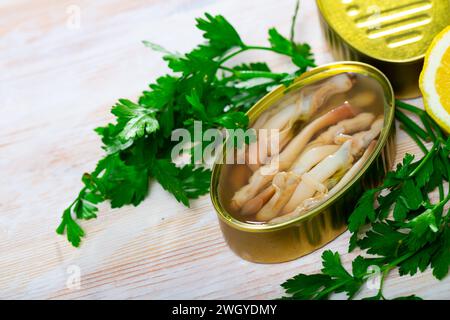 Konserven-ensis mit Zitrone und Grünpflanzen Stockfoto