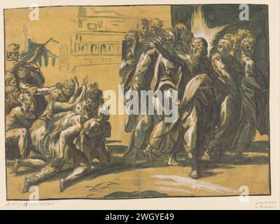 Christus heilt Aussätzige, anonym, Niccolò Vicentino, nach Parmigianino, in oder nach ca. 1540, indem er Christus mit den Aposteln und einer Gruppe bettelnder Aussätziger zeichnete. Italien bereitete Papier vor. Tinte. Deck Pinsel / Stift Christ Healing Leprakranke Stockfoto