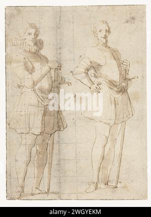 Zwei Studien eines ständigen Offiziers, Peter Paul Rubens (evtl.), 1587–1640 Zeichenpapier. Kreide. Tintenstift/Pinsel stehende Figur. Offizier Stockfoto