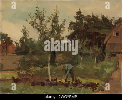 Gemüsegarten, Willem Witsen, 1885 - 1922 Gemälde Ein Mann wird in einem Gemüsegarten umgebeugt. Rechts ein Haus mit Bäumen. Bereich. Ölfarbe (Farbe) Gärtnerei, Marktgarten. Gartenarbeit Stockfoto