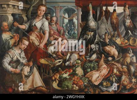 Die gut sortierte Küche, mit Jesus im Haus von Martha und Maria im Hintergrund, Joachim Bueckelaer, 1566 malte die Wohlfühlküche, mit Jesus im Hintergrund mit Martha und Maria. Zwei Zimmermädchen bereiten in der Küche Essen zu. Einer pflückt ein Huhn, der andere fesselt ein Huhn auf den Spieß. Auf der linken Seite sind andere am Kamin. Im Vordergrund sind alle Arten von Wildtieren und Geflügel, Gemüse und Obst zu sehen. Dazwischen auch verschiedene Gläser, Krüge, Krüge und Teller. Antwerpen Panel. Ölfarbe (Farbe) Kücheneinrichtung mit Lebensmitteln im Vordergrund (Niederländisch: 'Keukenstuk Stockfoto