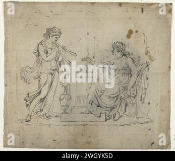 Arkadische Szene mit sitzender und stehender Frau, Abraham van Strij (I), 1763–1826, Zeichnung der arkadischen Szene: Sitzende Frau mit einem Glas im Altar und stehende Frau, die auf Doppelflöte spielt. Design für ein Gemälde. Papier. Bleistiftbürste Stockfoto