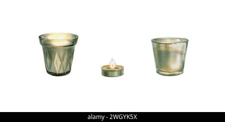 Set Wachskerzen. Aquarellillustration einer brennenden Glaskerze, gut für Kompositionen Spa, Yoga, Broschüren für Salons, religiöse Kompositionen. Stockfoto