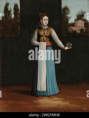 Frau von der albanischen Küste, Jean Baptiste Vanmour (Werkstatt), 1700 - 1737 Malerei Einer Frau von der albanischen Küste. Sie steht voll in der linken Hand und hält einen Haufen Blumen. Ein Haus rechts im Hintergrund. Istanbul Leinwand. Ölfarbe (Farbe) Volkstracht, regionale Tracht Truthahn. Albanien Stockfoto