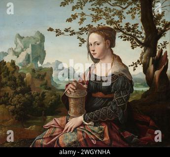 Mary Magdalene, Jan van Scorel, um 1530, Gemälde Maria Magdalena, die unter einem Baum sitzt, mit dem Salbentopf auf dem Schoß. Der heilige liegt in einer Landschaft mit Bergen und skurrilen Felsen. Haarlem (möglicherweise) Panel. Ölfarbe (Farbe) die Buße Hure Maria Magdalena; mögliche Attribute: Buch (oder Rolle), Krone, Dornenkrone, Kruzifix, Glas Salbe, Spiegel, Musikinstrument, Palmzweig, Rosenkranz, Geißel - Porträt der heiligen. Rollt Stockfoto