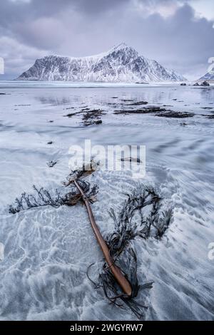 Skagsanden Strand und Hustinden Berg im Winter, in der Nähe von Flakstad, Flakstadøya, Lofoten Inseln, Nordland County, Norwegen, Skandinavien, Europa Stockfoto