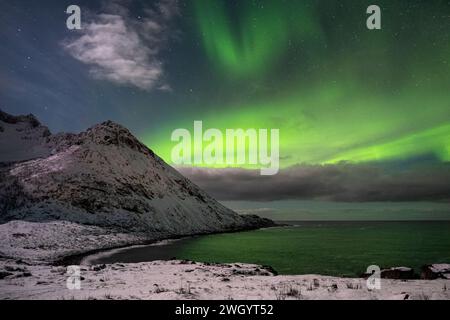 Die Aurora Borealis oder Nordlichter über dem Berg Skøytneset und Mefjorden im Winter, in der Nähe von Mefjordvaer, Senja, Troms og Finnmark County, Norwegen Stockfoto