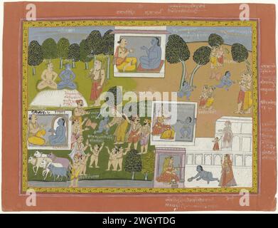 Krishna, der die Arjuna-Bäume entwurzelt, anonym, ca. 1800 indische Miniatur. Das Leben der jungen Krishna wird in verschiedenen Tableaus dargestellt, von denen einige von einem weißen Rand umrahmt sind. Es gibt Texte in den verschiedenen Bühnen. Die Show wird von einem schmalen gelben Rand mit einem ornamentalen Termotiv in Schwarz und Rot, in roten Rahmenlinien, um sie herum ein breiter oranger Rand mit schwarz-weißen Rahmenlinien eingerahmt. Am rechten Rand und unten rechts befinden sich Texte im Devanagari-Skript, in weiß, einige in Rot und Schwarz. Auf der Rückseite befindet sich der Text aus dem Bhagavata Purana Book 10.10.23 Stockfoto