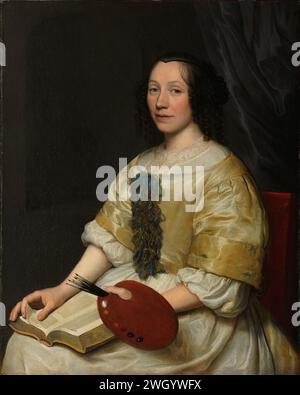 Maria van Oosterwijck (1630-93). Blumenmaler, Wallerant Vaillant, 1671 Gemälde Porträt von Maria van Oosterwijck (1630-93), Blumenmaler. Kniestück, sitzend auf einem Stuhl mit offenem Buch auf dem Schoß, Palette und Pinsel in der linken Hand. Leinwand. Ölfarbe (Farbe) historische Personen - BB - Frau. Porträt, Selbstporträt des Künstlers. Porträt, Selbstporträt des Malers Stockfoto