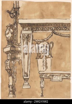 Entwurf für die Ecke eines Schornsteins, Giuseppe Barberi, um 1780 Entwurf für die Ecke eines Schornsteins mit einer Vase, einem Spiegel und einem Wandarm und von zwei Wandtischen mit einem Detail von einem davon. Rom-Papier. Tintenstift/Pinsel Stockfoto