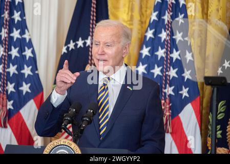 Washington, Usa. Februar 2024. US-Präsident Joe Biden hält am Dienstag, den 6. Februar 2024, im Weißen Haus in Washington, D.C. eine Rede. Foto: Annabelle Gordon/UPI Credit: UPI/Alamy Live News Stockfoto
