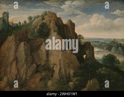 Berglandschaft, Lucas van Valckenborch, 1582 Gemälde Berglandschaft. Im Vordergrund stehen steile Felsen, die teilweise mit Bäumen bewachsen sind, am Fuß arbeiten drei Männer. Links oben auf dem Berg fließt eine Burg, rechts fließt ein Fluss durch das Tal. Bereich. Ölfarbe (Farbe) Steine Stockfoto