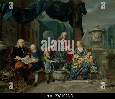 Porträt von David van Mollem mit seiner Familie, Nicolaas Verkolje, 1740 Gemälde Porträt von David van Mollem (1670–1746) und Jacob Sydervelt mit seiner Familie 1740. Das Unternehmen befindet sich auf der Terrasse des Hauses Zijdebalen. David van Mollem, Jacob van Sydervelt mit seiner zweiten Frau Maria van Oosterwijck und den beiden Kindern aus dieser Ehe sowie den beiden Söhnen aus der ersten Ehe mit Jacoba van Mollem (1735). Ein Junge zeigt David van Mollem einen Druck, einen Baum im Topf, eine Gartenvase und eine Obstschale. Auf der Rückseite des Gemäldes sind die Waffen und Namen der drei Familien, Stockfoto