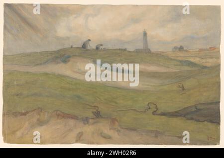 Duiner Landschaft mit Leuchtturm und Netzboetern, Frans Smissaert, 1872 - 1944 Gemälde Leinen (Material). Ölfarbe (Lack). Kreidepinseldünen (Meer nicht sichtbar); in den Dünen. Leuchtturm, Leuchtschiff. Ausbesserung von Fischernetzen Stockfoto