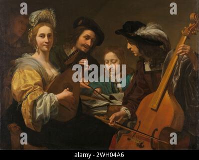 Eine Musical Company, Gerard van Kuijl, 1651 Painting Musicing Company. Links eine Frau mit Laute, rechts ein Mann mit Viola da Gamba. Zwischen diesen beiden auf einem Tisch gibt ein Mann einem Jungen Musikunterricht oder Gesangsunterricht. Leinwand. Ölfarbe (Farbe) kleine Gruppe von Musikern, Kammerorchester, Jazzband. Laute und spezielle Lautenformen, z. B. Theorbo. viola, Violoncello; Kontrabass Stockfoto