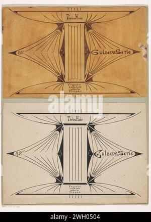 Banddesign für: Thérèse Hoven, Women Lief und LEED unter de Tropen, 1896, Reinier Willem Petrus de Vries (1874–1953), in oder vor 1896 Zeichnung. Fotomechanischer Druck Design mit durchgehenden symmetrischen Linien auf der Vorder- und Rückseite. Pappe. Papier. Aquarell (Farbe). Deckfarbe. Bleistiftpinsel / Druckblock Ornament  Kombination aus geraden und gekrümmten Linien Stockfoto