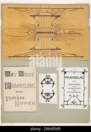 Bandentwürfe für: Thérèse Hoven, Women Lief und LEED Under the Tropics (1896) und Out of Free Movement (1894), Reinier Willem Petrus de Vries (1874–1953), in oder vor 1894 – in oder vor 1909 Zeichnung. Fotomechanisches Design für „Women Lief en Vreen Under the Tropics“ mit durchgehenden symmetrischen Linien auf Vorder- und Rückseite. Design für „Free Movement“ mit verzierten Initialen mit Blattschmuck. Auch ein Design für das monatliche Magazin von Vereeniging zur Verbesserung der Damenbekleidung und eines Ornaments. Pappe. Papier. Tinte. Aquarell (Farbe). Deckfarbe. Bleistift / Pinsel / Druckblock Stockfoto