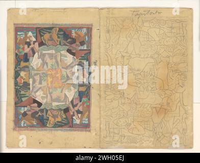 Zwei Entwürfe für Teppiche mit alten niederländischen Szenen, Leo Gestel, 1928 Zeichnung links ein Entwurf für einen Wandteppich mit vier Vögeln in der Mitte mit acht Kühen um ihn herum. Der äußere Ring ist mit Bauern auf dem Land, einer Frau in traditioneller Tracht, einem Pferd und einer Mühle verziert. Das rechte Design zeigt in der Mitte acht Kühe mit Bildern eines Bauern, der in einer Mühle um sie herum arbeitet, einer Frau in traditioneller Tracht im Haus und einem Mann mit Pferd. Papier. Gouache (Farbe). Bleistiftbürste Pferd. Ornamente aus Tierformen. Teppich, Teppich Stockfoto