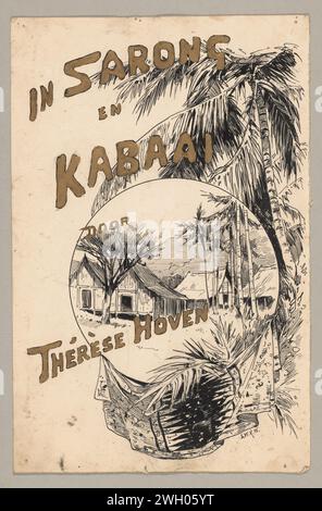 Banddesign für: Thérèse Hoven, in Sarong und Kabaai, 1892–1894, Willem Wenckebach, ca. 1892–ca. 1894 Zeichnung im Kreis, Gesicht auf vier Häusern in einer Landschaft in Niederländisch-Indien. Rund um den Kreis Palmen und ein gefiederter Sarong. Pappe. Tinte für Indien (Tinte). Bleistift. Stift-/Pinsellandschaften in der nicht gemäßigten Zone, exotische Landschaften. Bäume: Palmen. Vorhänge, drapierte Kleidung, 'Gewandgebung' Niederländisch-Indien, die Stockfoto
