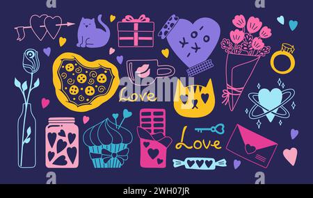 Valentinstag Set Symbol romantische Elemente. Lineares Präsent, Blumenstrauß, Rose Cupcake Pizza, Süßigkeiten, Schokolade und Post-Symbol. Niedliches Liebeskonzept, Zeichentrickschild Kritzelvektor isolierte Illustration Stock Vektor