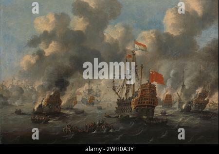 The Dutch RAID on the Medway, 1667, anonym, ca. 1670 Gemälde Burning the English Flotte on the River Medway nahe Chatham, 20. Juni 1667. Episode aus dem Zweiten Englischen Krieg. Niederländische und englische Kriegsschiffe auf See, in der Mitte das Flaggschiff Royal Charles. Mehrere Loops segeln zwischen den brennenden Schiffen. Bereich Low Countries (niedrige Länder). Ölfarbe (Farbe) Segelschiff, Segelboot. Battle (+ Segelschiffe). RAID auf dem Medway Chatham Stockfoto