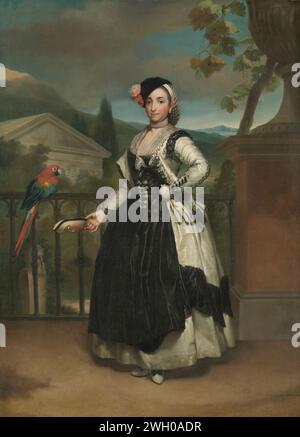 Porträt von Isabel Parreño y Arce, Marquesa de Llano, Anton Raphael Mengs, 1771–1772 Gemälde Porträt von Doña Isabel Parreño Arce Ruiz de Alarcón, Markiezin de Llano. Stehen, zurück, auf einem Balkon. Eine Maske in der rechten Hand, links am Zaun ist ein Papagei. In der Ferne eine Gartenlandschaft mit einem antiken Tempel. Leinwand. Ölfarbe (Farbe) Maske. Ziervögel: Papagei. Historische Personen - BB - Frau Stockfoto