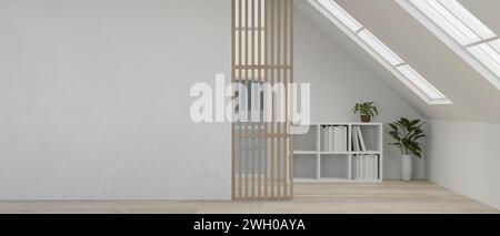 Ein moderner, minimalistischer weißer Hausflur mit weißer Wand, Bücherregal, Zimmerpflanzen, Parkettboden und Dachfenster. 3D-Rendering, 3D-Abbildung Stockfoto