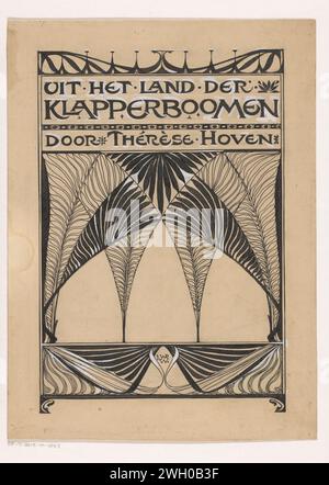 Banddesign für: Thérèse Hoven, aus dem Land der Klapperboomen, 1897, Willem Wenckebach, in oder vor 1897 Zeichnung Design mit abstrakten Zweigen von Topper Bäumen, die sich in einem Rahmen ausbreiten. Pappe. Tinte für Indien (Tinte). Deckfarbe. Bleistift / Pinsel Laub, Ranken, Äste  Ornament Stockfoto