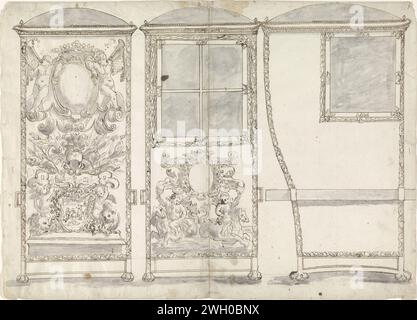 Design für einen Sedan Chair, von hinten, vorne und rechts gesehen, ca. 1650 - ca. 1700 Frankreichs Papier. Aquarell (Farbe). Tintenpinsel/Stift (mit einer Person in einer Limousine) Stockfoto