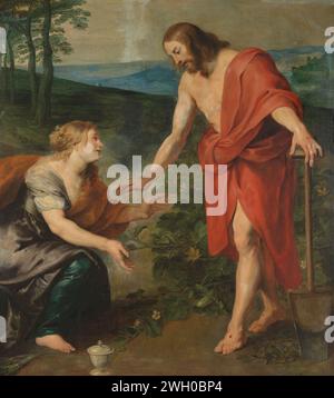 Christus erscheint Maria Magdalen als Gärtner (Noli me Tangere), Peter Paul Rubens (Werkstatt), um 1615–1618 Gemälde „Noli me Tangere“: Die Begegnung Christi und Maria Magdalena. Maria Magdalena kniet mit Salben vor Christus in Gestalt eines Gärtners. Eine Gurkenpflanze hinter Christus. Leinwand. Ölfarbe (Farbe) Maria Magdalena kniend vor Christus, die normalerweise als Gärtner mit einer Hacke und/oder einem Spaten dargestellt wird; „Noli me tangere“ Stockfoto