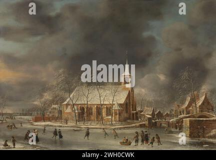 Blick auf die Kirche von Sloten im Winter, Jan Abrahamsz. Beerstraten, 1640 - 1666 Gemälde Blick auf die Grabenkirche im Winter, mit Eisläufern und Pumpspielern auf dem Eis, rechts vorbei an einigen Häusern und über zwei Brücken den Osdorperweg, der an der Kirche am Sloterweg endet. Nordholländische Leinwand. Ölfarbe (Farbe) Kirche (außen). Winterlandschaft; Landschaft, die den Winter symbolisiert (die vier Jahreszeiten). Skates (Wintersport) Locks Stockfoto