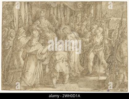 Christus für Pilatus, Jan van der Straet, 1533 - 1605 Zeichenpapier. Lack (Beschichtung). Tinte. Kreidestift / Pinsel Christus vor Pontius Pilatus (Matthäus 27:11-26; Markus 15:2-15; Lukas 23:2-7, 23:13-25; Johannes 18:28 - 19:16). Kleine Leute Stockfoto