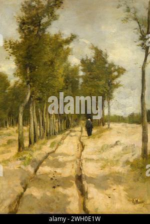 De Torenlaan in Laren, Anton Mauve, 1886 Gemälde de Torenlaan in Laren. Eine Frau läuft auf einer Sandstraße mit einer Wagenbahn. Auf beiden Seiten der Straße gibt es Baumreihen. Leinwand. Ölfarbe (Farbe) Fahrbahn, Gasse. Bäume. Gehen - AA - weibliche menschliche Figur Torenlaan (Laren) Stockfoto