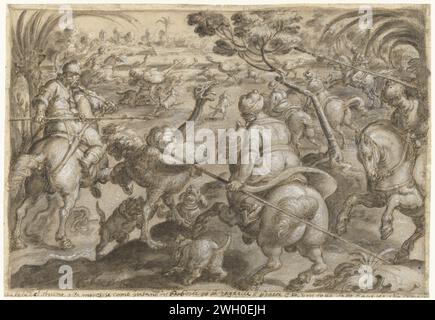 Straußenjagd in Barbary, Jan van der Straet, um 1578 Zeichnung für einen Druck. Vorbereitetes Papier. Lack (Beschichtung). Tintenstift / Pinsel Jagd, Chase. wander- und Laufvögel: Strauß Nordafrika Stockfoto