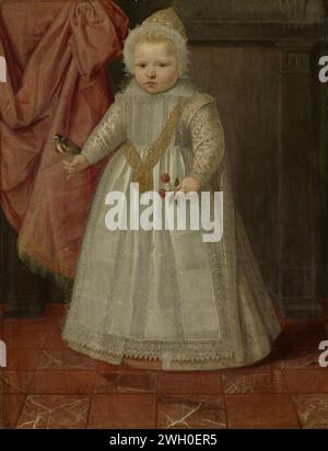 Porträt eines kleinen Jungen, möglicherweise Louis von Nassau, anonym, 1604 Gemälde Porträt eines Jungen, vielleicht Louis von Nassau (1602–65), späterer Herr von Beverweerd, de Leck, Odijk und Lekkerkerk, falscher Sohn von Maurits, Prinz von Orange und Margaretha van Mechelen. Stehend, eine distelfinke auf einer Schnur auf der rechten Hand und ein Kirschzweig in der linken Hand. Um die Schulter herum eine vierfach doppelte goldene Kette mit einem Porträt von Maurits, die 1602 nach der Aufnahme des Grabes zu Ehren des Prinzen geschlagen wurde. Panel Nord-Niederlande. Ölfarbe (Farbe) Kind. Historisches Personengrab Stockfoto