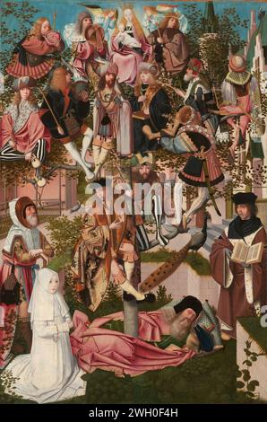 Der Baum von Jesse, Geertgen tot Sint Jans (Kreis von), um 1500 Gemälde der Baum von Jesse. Aus dem Leib des schlafenden Jesse reist ein Baum mit den reichen zwölf Königen von Juda auf den Zweigen, die Vorväter Christi. Ganz oben sitzt Maria mit dem Christkind. Die Könige sind: David, Salomo, Rehabeam, Abia, ASA, Joatham, Joram, Usija, Joatham, Achas. Hezechias und Manasse. Es gibt zwei Propheten auf beiden Seiten von Jesse, wahrscheinlich Jesaja und Jeremia. Links eine kniende Nonne in weißer Angewohnheit, der Gründer, wahrscheinlich vom Magdalena-Orden. Haarlem Panel. Ölfarbe (Farbe) tr Stockfoto