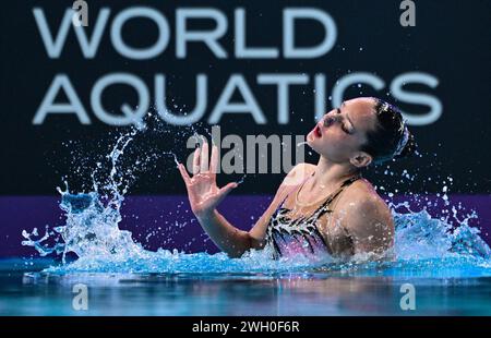 Doha, Katar. Februar 2024. Susanna Pedotti aus Italien tritt am 6. Februar 2024 im Finale des Frauen-Solo frei von künstlerischem Schwimmen an der Aquatikweltmeisterschaft in Doha, Katar, an. Quelle: Xia Yifang/Xinhua/Alamy Live News Stockfoto