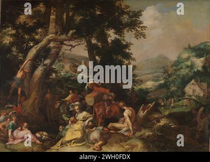 Die Predigt des heiligen Johannes des Täufers, Abraham Bloemaert, 1590–1610 Gemälde der Berglandschaft mit Zuhörern in der Predigt von Johannes dem Täufer. In der Mitte ein stehender Mann mit einer Trommel auf dem Rücken, eine stillende Frau dafür. Leinwand. Ölfarbe (Farbe) Johannes der Täufer predigt (vielleicht Christus unter den Umstehenden). Johannes der Täufer identifiziert Christus als das Lamm Gottes („Ecce Agnus Dei“) (Johannes 1:29, 1:36). Pflege, Saugen. Landschaften in der gemäßigten Zone. Trommel (Musikinstrument) - CC - außerhalb der Türen Stockfoto