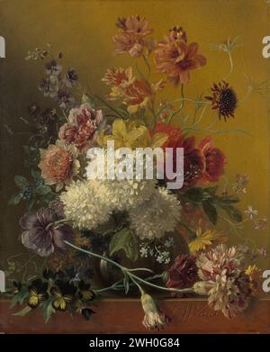 Stillleben mit Blumen, Georgius Jacobus Johannes van OS, 1820 - 1861 Gemälde Stillleben mit Blumen. Auf einem Sockel befindet sich eine Vase mit einem Blumenstrauß (Nelken, Veilchen und Dahlien). Bereich. Ölfarbe (Farbe) Stillleben von Pflanzen, Blumen und Früchten. Blumen in einer Vase Stockfoto