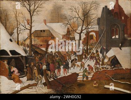 Die Anbetung der Könige, Pieter Brueghel (II), 1590–1638 Gemälde der Anbetung der Könige. Wintergesicht in einem Dorf, links die drei Könige der Heiligen Familie in einem Stall, rechts die Ruinen einer Kirche. Bereich. Ölfarbe (Farbe) Anbetung der Könige: Die Weisen überreichen ihre Geschenke an das Christuskind (Gold, Weihrauch und Myrrhe). Öffentliche Straße im Dorf Stockfoto