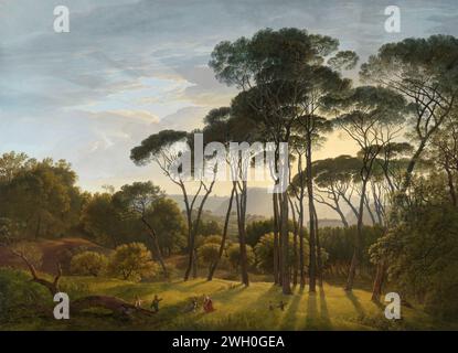 Italienische Landschaft mit Regenschirmkiefern, Hendrik Voogd, 1807 Gemälde italienische Landschaft mit Regenschirm oder Kiefern im Garten der Villa Borghese in Rom. Im Hintergrund die Villa Giulia und der Monte Mario. Rom Leinwand. Ölfarbe (Farbe) Bäume: Kiefer. Landschaften in der gemäßigten Zone Villa Borghese Stockfoto